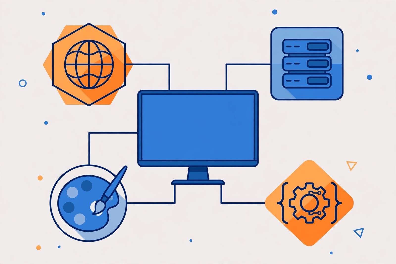 Minh họa c&aacute;c th&agrave;nh phần cấu th&agrave;nh website trong b&aacute;o gi&aacute; thiết kế: t&ecirc;n miền, hosting, giao diện, t&iacute;nh năng
