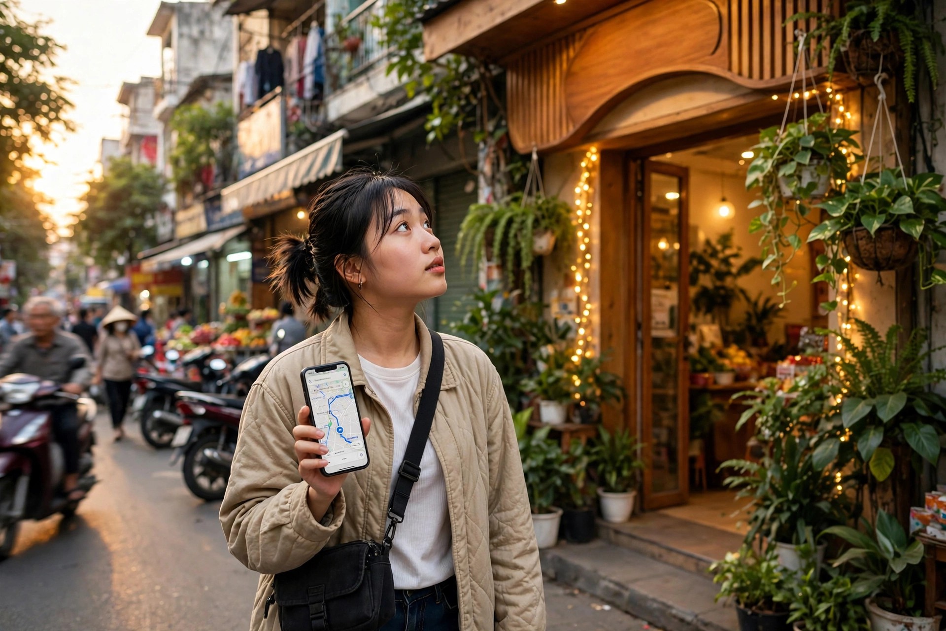 Kh&aacute;ch h&agrave;ng d&ugrave;ng điện thoại t&igrave;m đường đến cửa h&agrave;ng tr&ecirc;n phố v&agrave;o buổi chiều