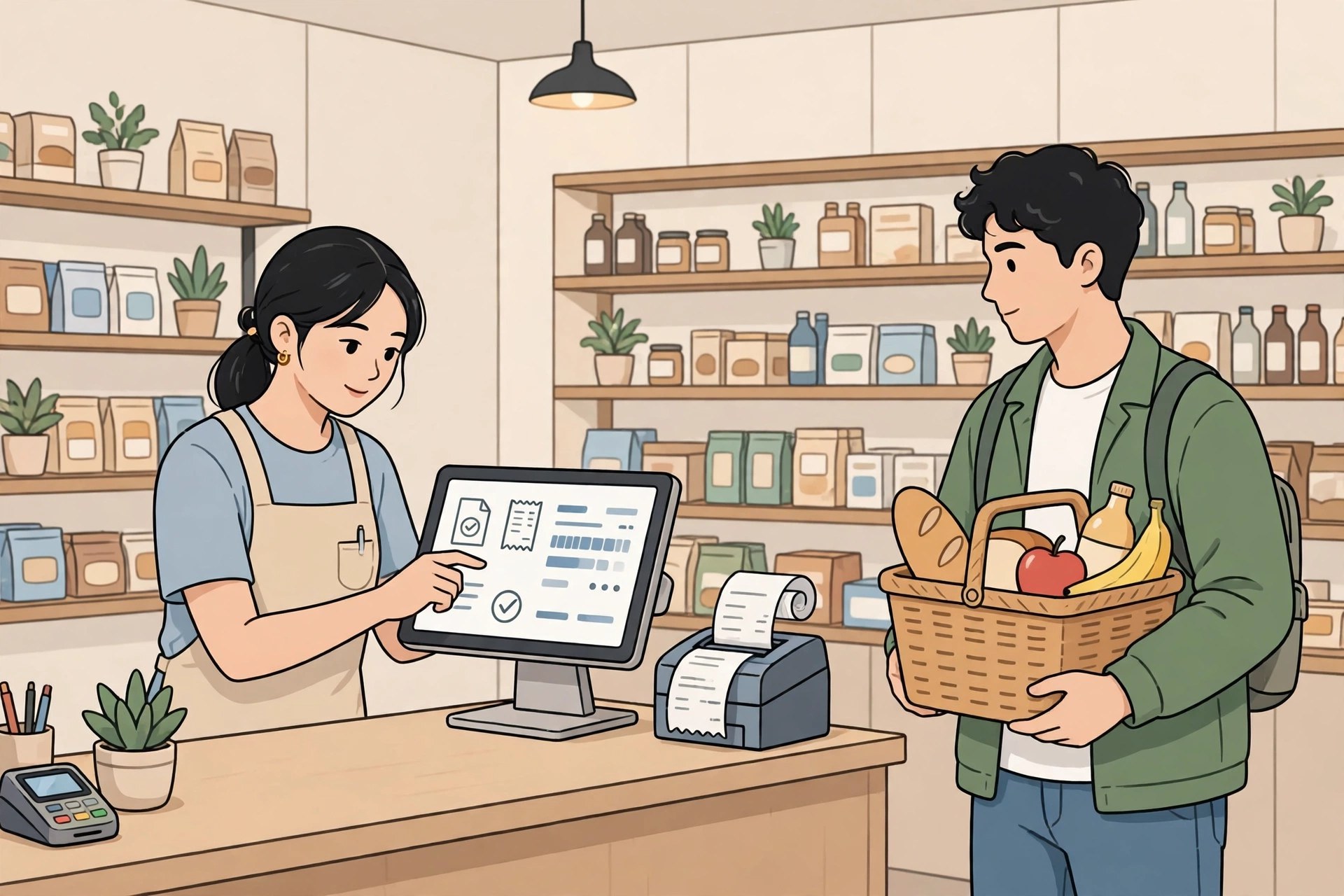 Nh&acirc;n vi&ecirc;n cửa h&agrave;ng xuất ho&aacute; đơn điện tử bằng phần mềm quản l&yacute; b&aacute;n h&agrave;ng