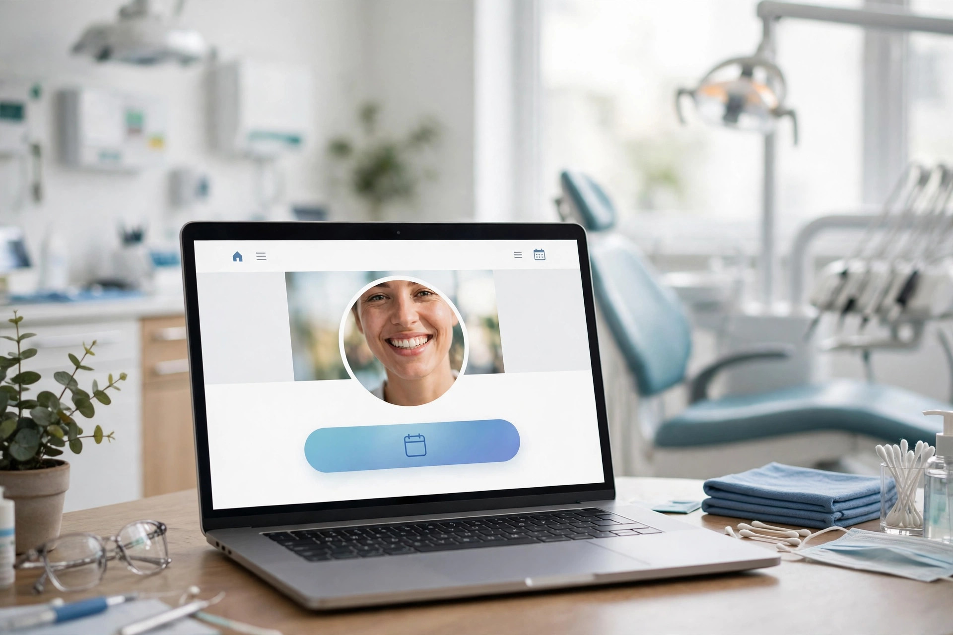 Giao diện website ph&ograve;ng kh&aacute;m nha khoa hiển thị tr&ecirc;n laptop trong ph&ograve;ng kh&aacute;m