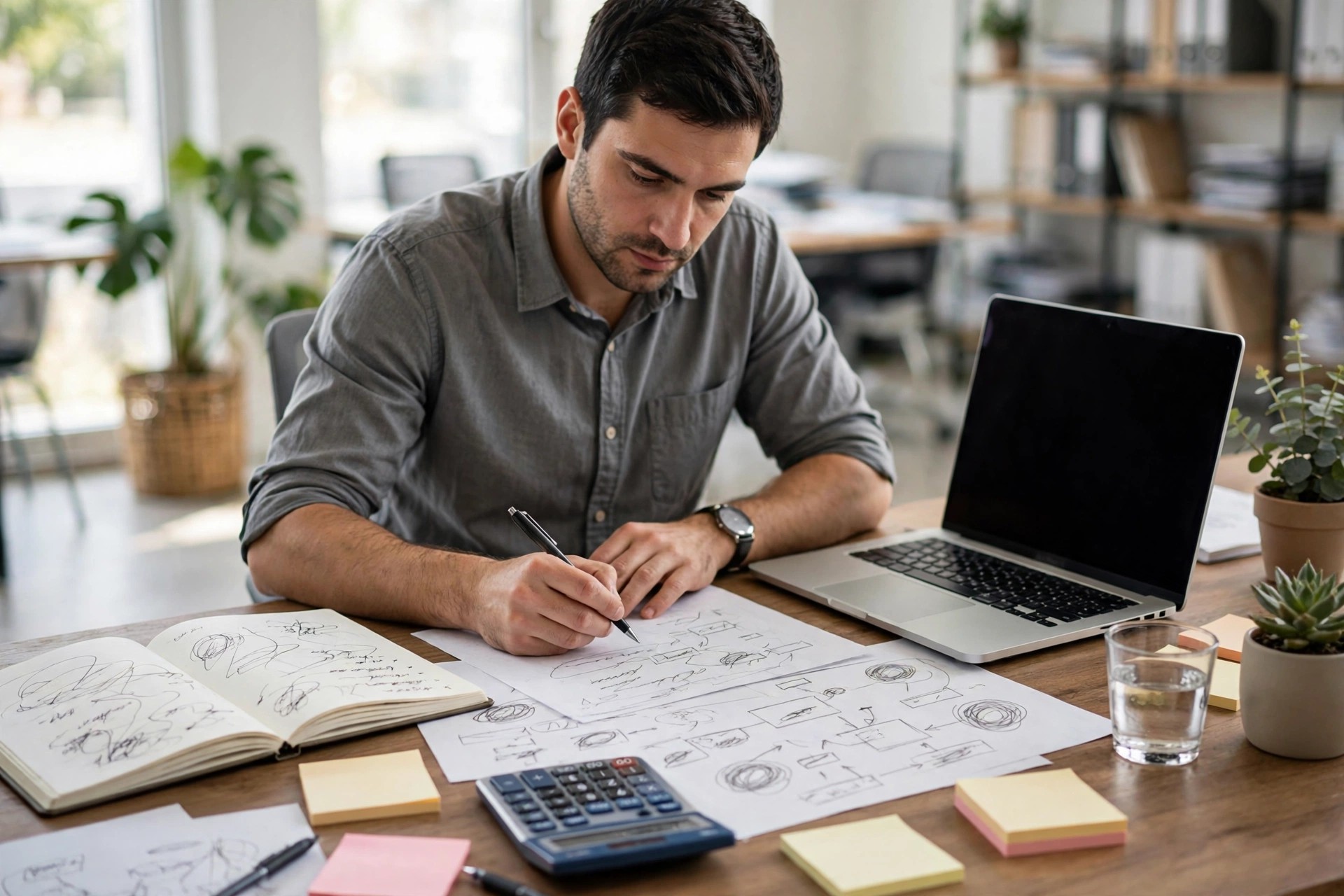 Chủ doanh nghiệp nhỏ nghi&ecirc;n cứu từ kh&oacute;a v&agrave; lập ng&acirc;n s&aacute;ch quảng c&aacute;o Google Ads tr&ecirc;n b&agrave;n l&agrave;m việc