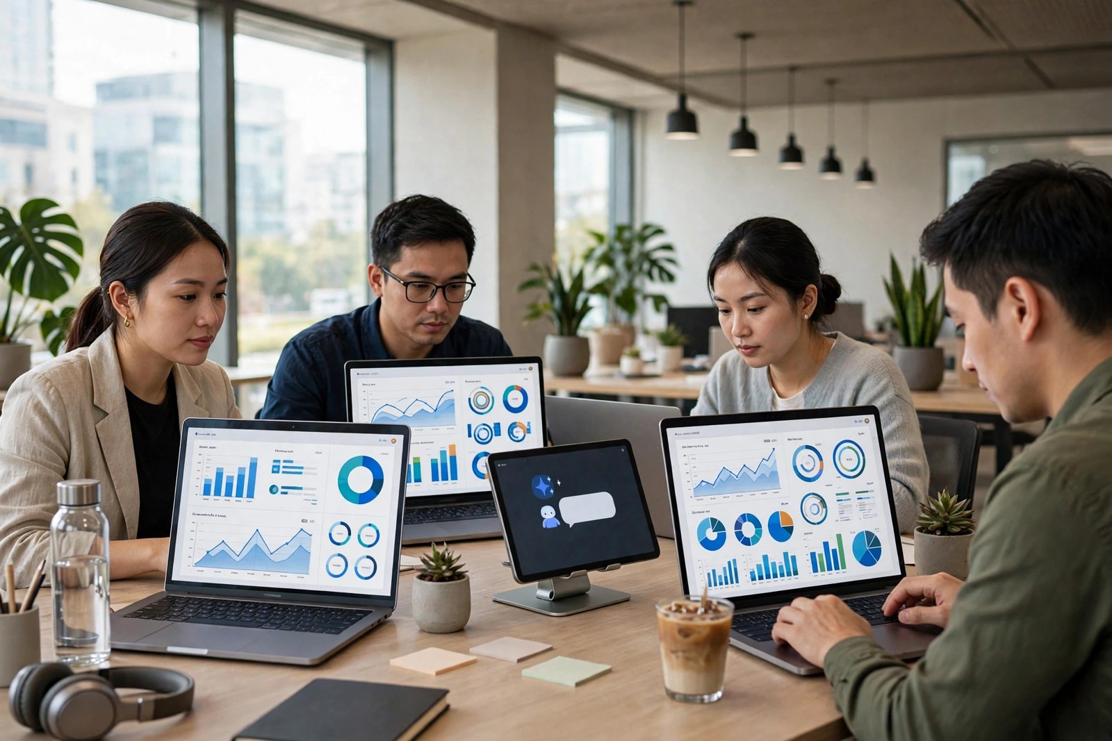 Nh&acirc;n vi&ecirc;n doanh nghiệp nhỏ sử dụng phần mềm CRM ERP v&agrave; AI tr&ecirc;n laptop trong văn ph&ograve;ng hiện đại