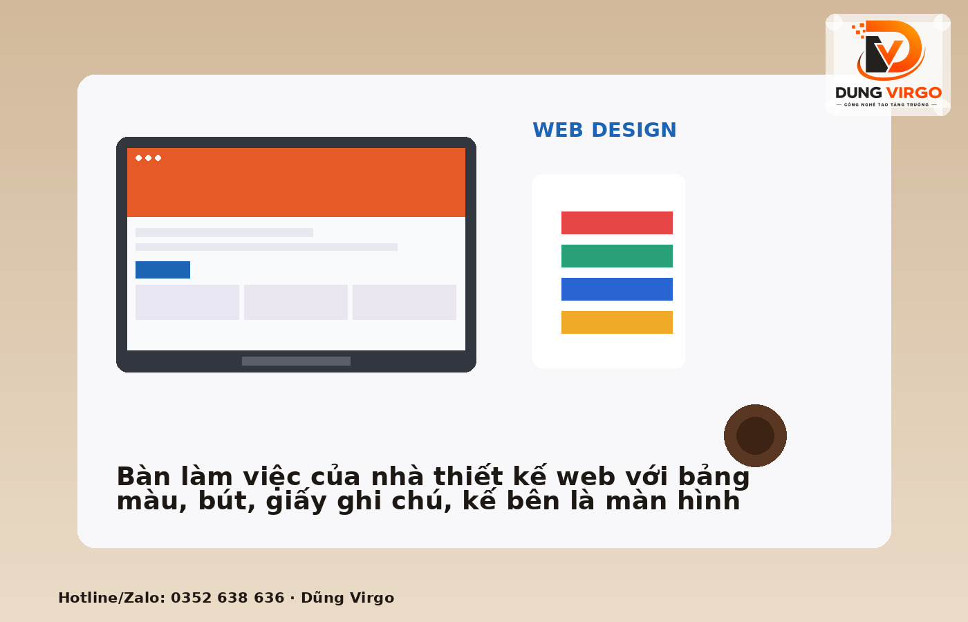 Bàn làm việc của nhà thiết kế web với bảng màu, bút, giấy ghi chú, kế bên là màn hình máy tính hiển thị mockup website cho doanh nghiệp Bắc Giang