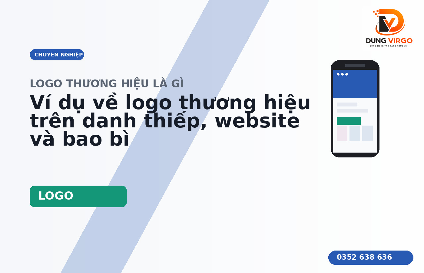 Ví dụ về logo thương hiệu trên danh thiếp, website và bao bì