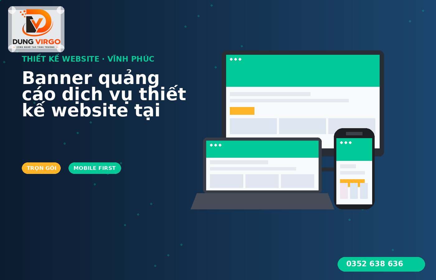 Banner quảng cáo dịch vụ thiết kế website tại Vĩnh Phúc với hình ảnh khu công nghiệp, mockup website trên điện thoại