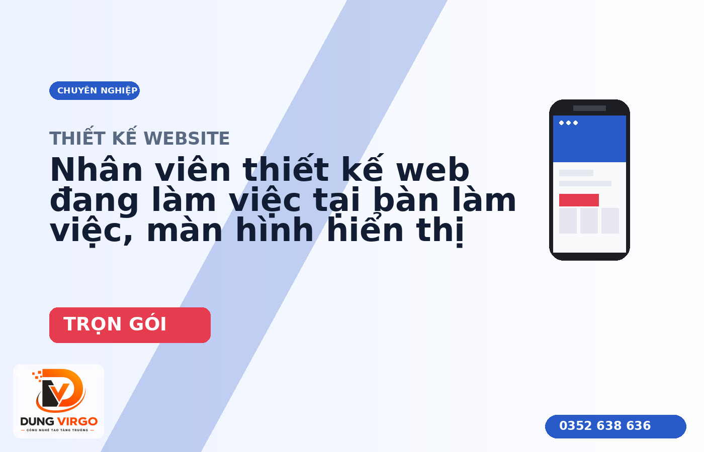 Nhân viên thiết kế web đang làm việc tại bàn làm việc, màn hình hiển thị website bán hàng, cạnh đó là ly cà phê và sổ tay ghi chú
